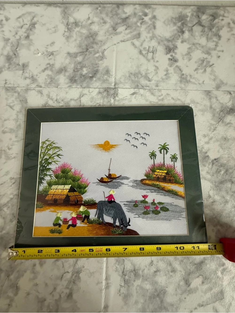 Vietnamese Hand-Embroidered Silk Landscape Village life Scene Wall Art 12x 10